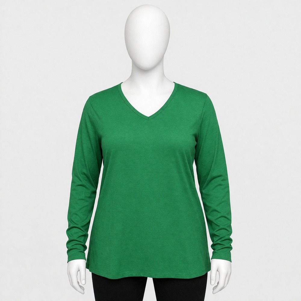 Womens XL Green V Neck Long Sleeve‎ T Shirt Cotton Basic Casual Classic Tee
